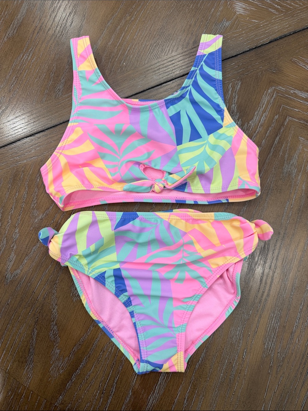 Girls' Multicolor Leaf Print Two-Piece Bikini - Bright Pink & Blue